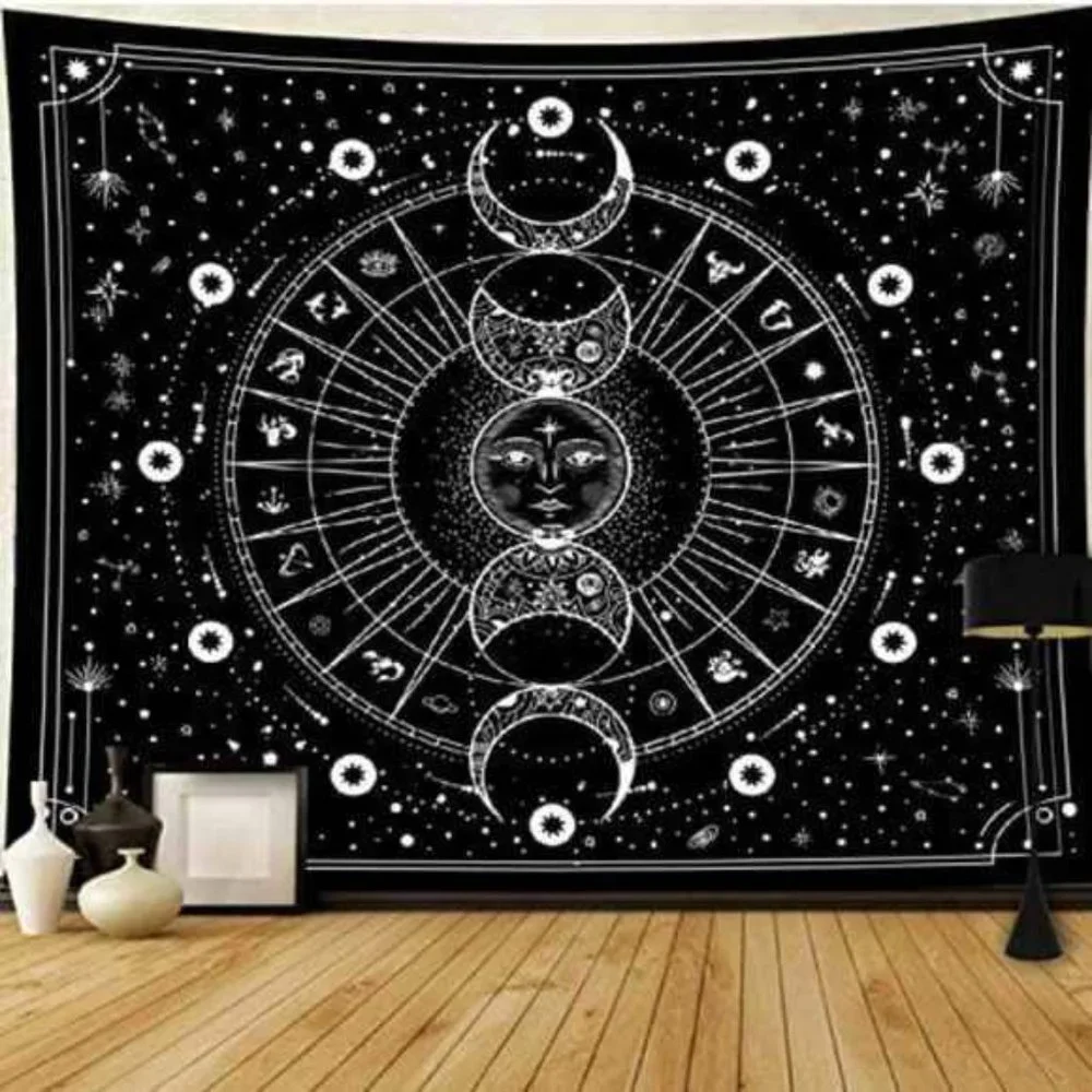 Sun Moon Tapestry Black and White Wall Tapestry